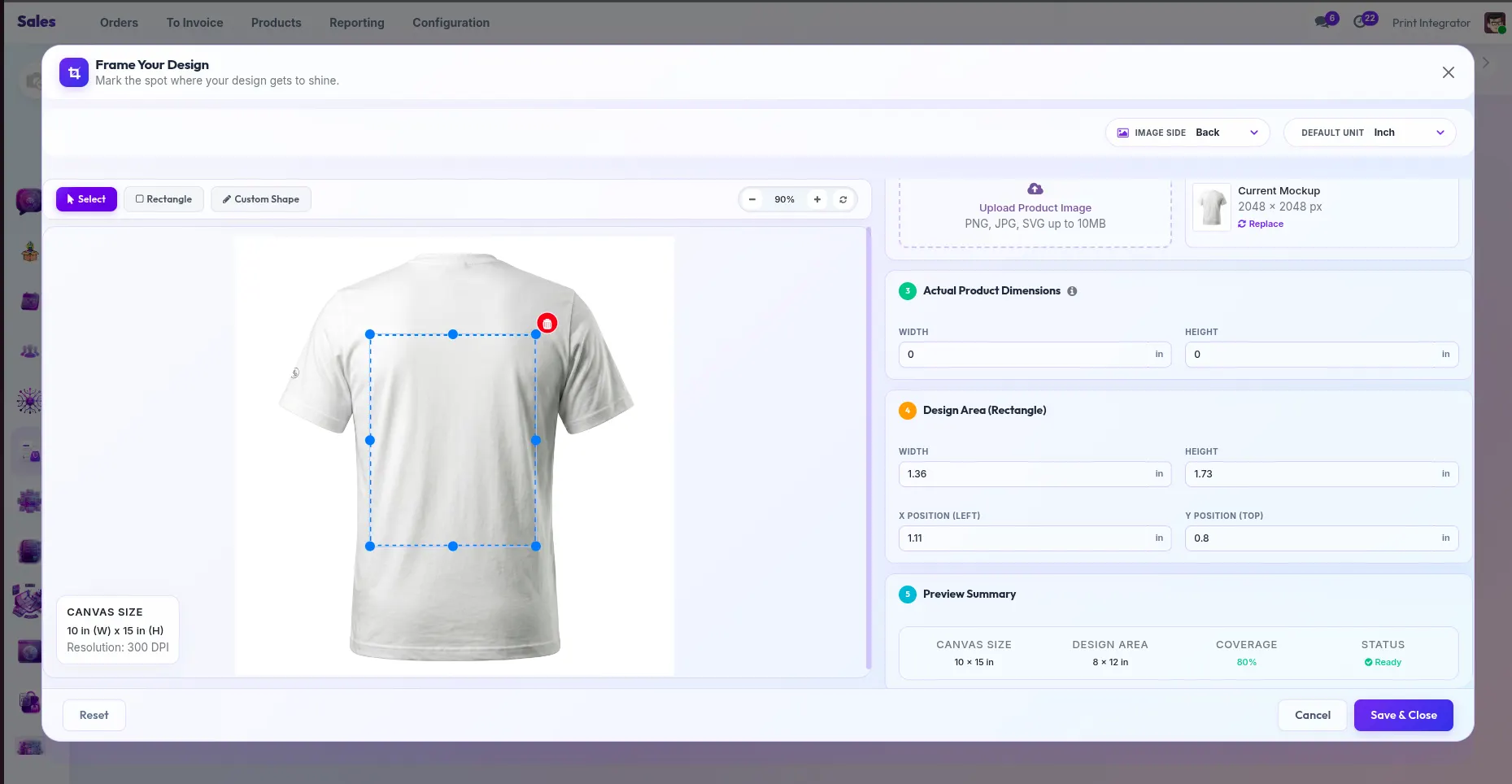 Design area configurator: product with print zone overlay and dimension fields